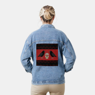 Gothic Skull and Guardian Ravens Halloween Denim Jacket