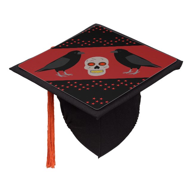 Gothic Skull and Guardian Ravens Halloween Graduation Cap Topper (Angled)