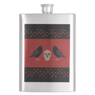 Gothic Skull and Guardian Ravens Halloween Hip Flask