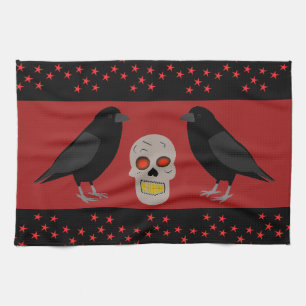 Gothic Skull and Guardian Ravens Halloween Kitchen Towel