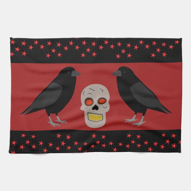 Gothic Skull and Guardian Ravens Halloween Kitchen Towel (Horizontal)