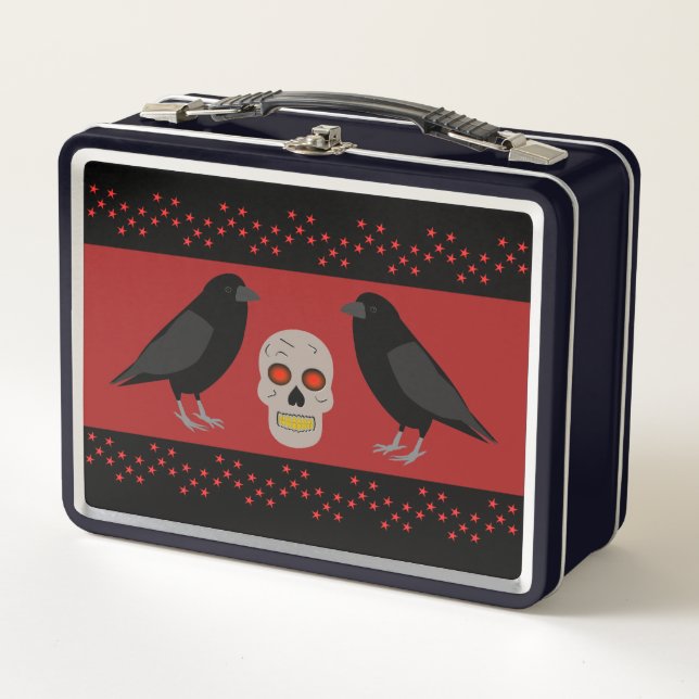 Gothic Skull and Guardian Ravens Halloween Metal Lunch Box (Front)