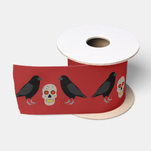 Gothic Skull and Guardian Ravens Halloween Satin Ribbon