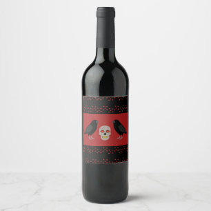Gothic Skull and Guardian Ravens Halloween Wine Label
