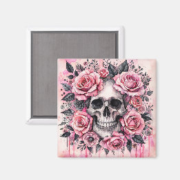 Gothic Skull and Pink Roses Watercolor Art Magnet