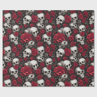 Gothic Skull and Red Rose Dark Floral Wrapping Paper