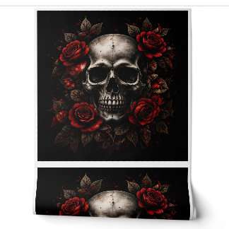 Gothic Skull and Red Roses Dark Floral Wallpaper