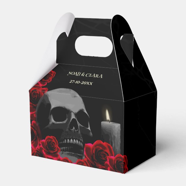 Gothic Skull and Red Roses Halloween Wedding Favor Box (Front Side)