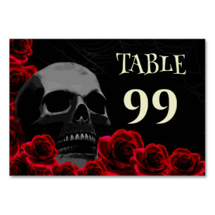 Gothic Skull and Red Roses Spooky Halloween Weddi Table Number