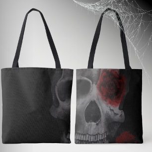 Gothic Skull and Red Roses Tote Bag