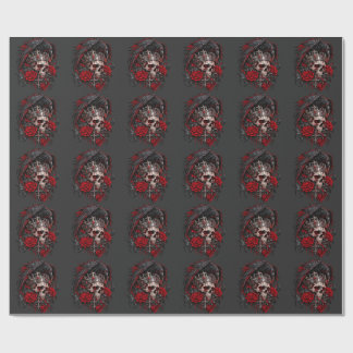 Gothic Skull and Red Roses Wrapping Paper - Dark A