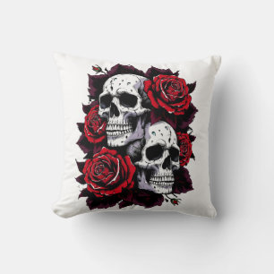 Gothic Skull and Rose Motif Throw Pillow