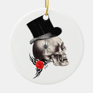 Gothic skull and rose tattoo style ceramic ornament