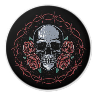 Gothic Skull and Roses Ceramic Knob