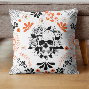 Gothic Skull and Roses Halloween Floral Throw Pillow