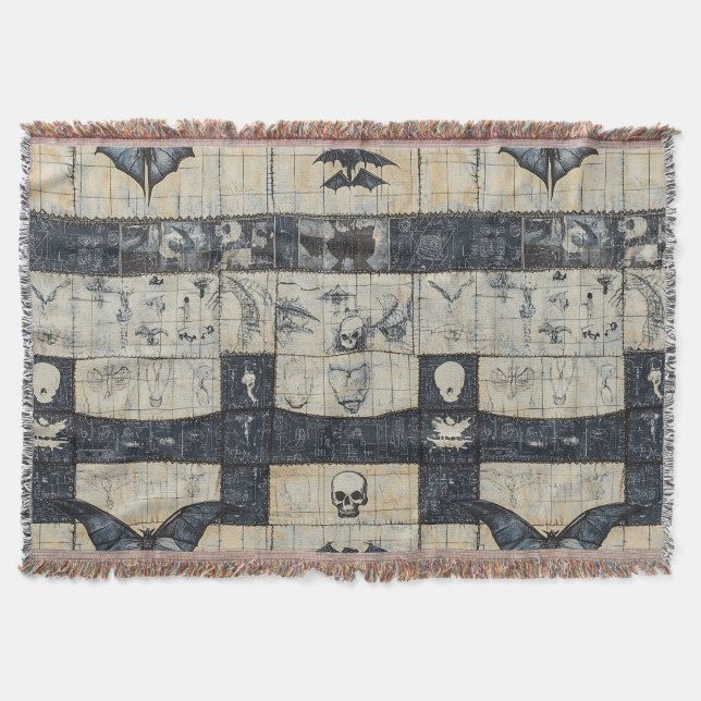 Gothic Skull & Bat Denim Collage Throw Blanket (Front)