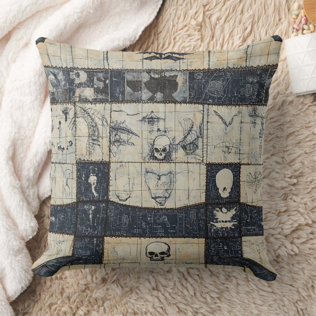 Gothic Skull & Bat Denim Collage Throw Pillow (Blanket)