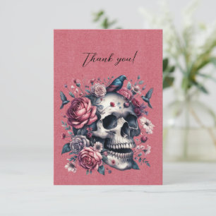Gothic Skull Birds Flowers On Rose Red Thank You Card