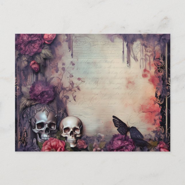 Gothic Skull Black Butterfly Flowers Halloween Holiday Postcard (Front)