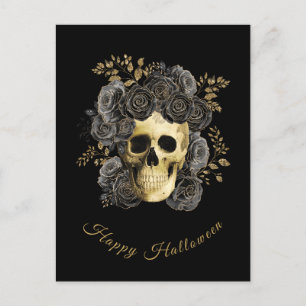 Gothic Skull Black & Gold Glitter Roses Halloween  Holiday Postcard