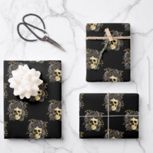 Gothic Skull Black & Gold Glitter Roses