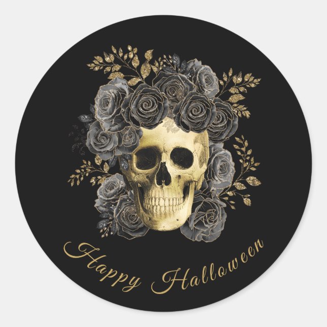 Gothic Skull Black & Gold Roses Halloween  Classic Round Sticker (Front)