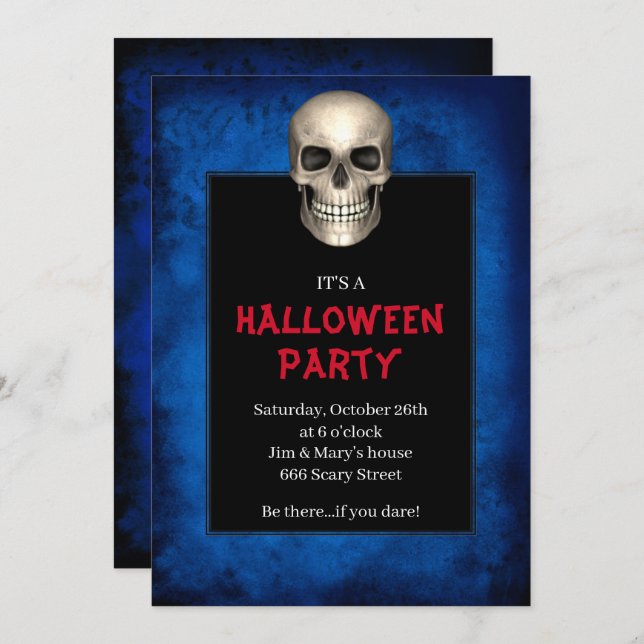 Gothic Skull Blue Grunge Halloween Party Invitation (Front/Back)