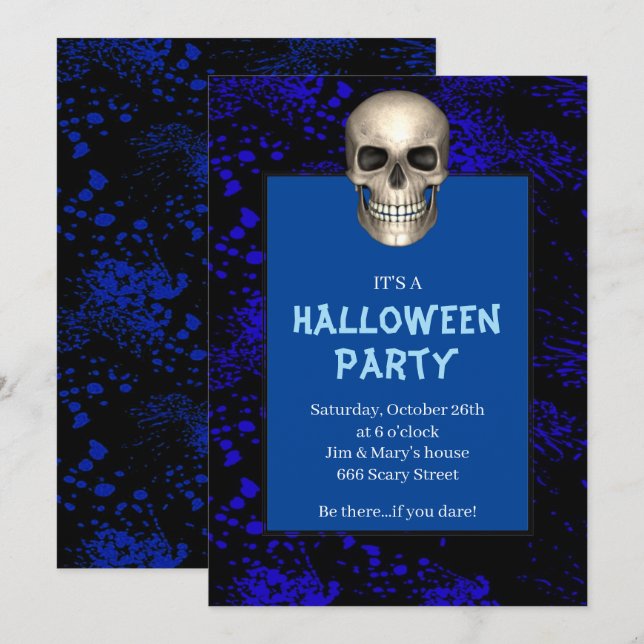 Gothic Skull Blue Splatter Halloween Party Invitation (Front/Back)