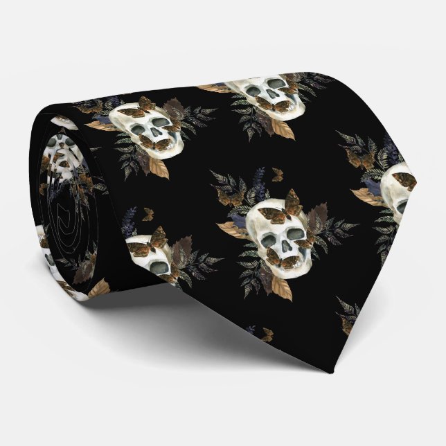 Gothic Skull Botanical Black Tie (Rolled)