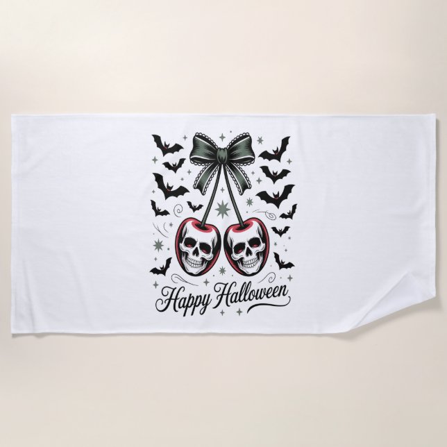 Gothic Skull Cherry Halloween Beach Towel (Front)