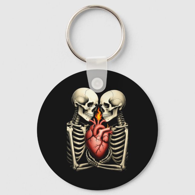 Gothic Skull Couple Flaming Heart Dark Romance Sty Keychain (Front)