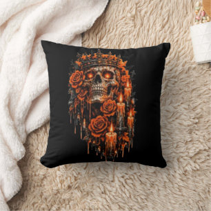 Gothic Skull Crown Halloween Dark Roses Spooky Des Throw Pillow