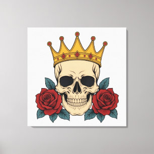 Gothic Skull Crown with Red Roses – Dark Biker Canvas Print