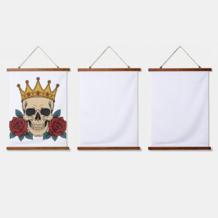 Gothic Skull Crown with Red Roses – Dark Biker Hanging Tapestry