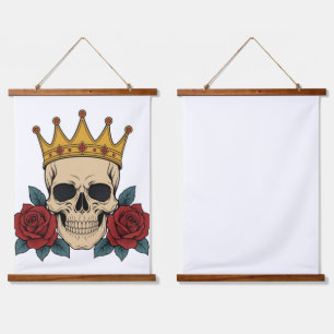 Gothic Skull Crown with Red Roses – Dark Biker Hanging Tapestry