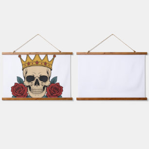 Gothic Skull Crown with Red Roses – Dark Biker Hanging Tapestry