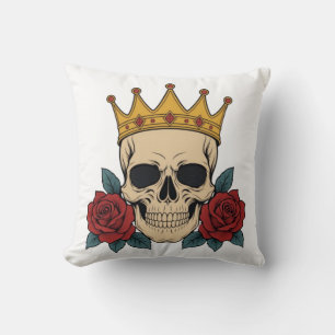 Gothic Skull Crown with Red Roses – Dark Biker  Throw Pillow