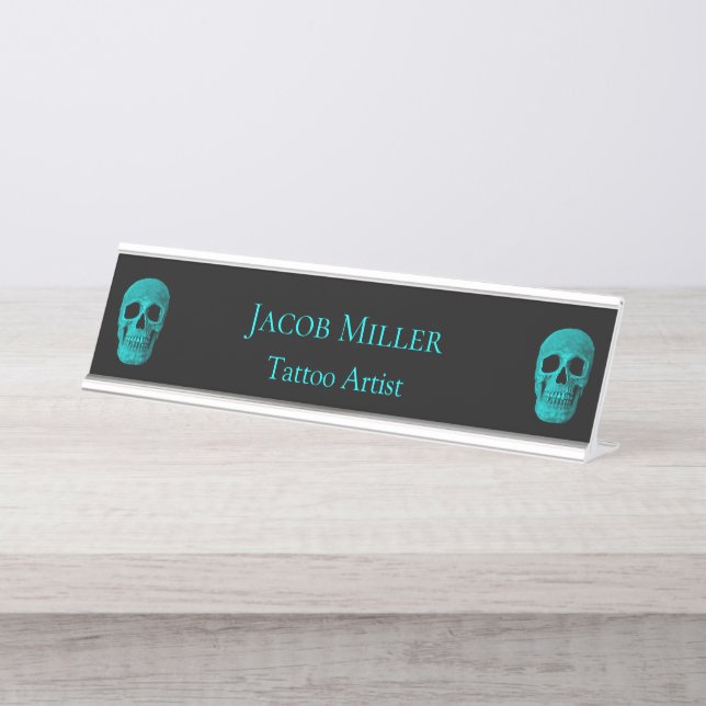 Gothic Skull Dark Teal Black Macabre Tattoo Shop Desk Name Plate (Front)