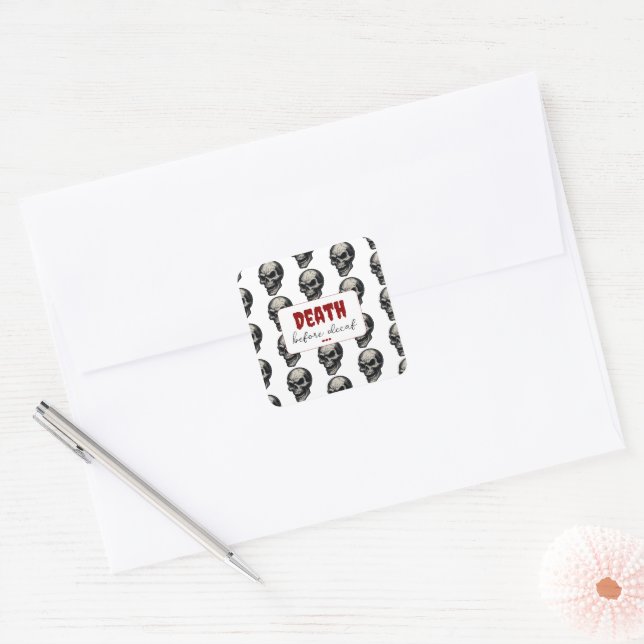 Gothic Skull ‘Death Before Decaf’ | Spooky Funny - Square Sticker (Envelope)