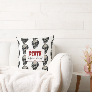 Gothic Skull ‘Death Before Decaf’   Spooky Funny - Throw Pillow