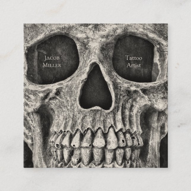 Gothic Skull Face Black And White Tattoo Shop Square Business Card (Front)