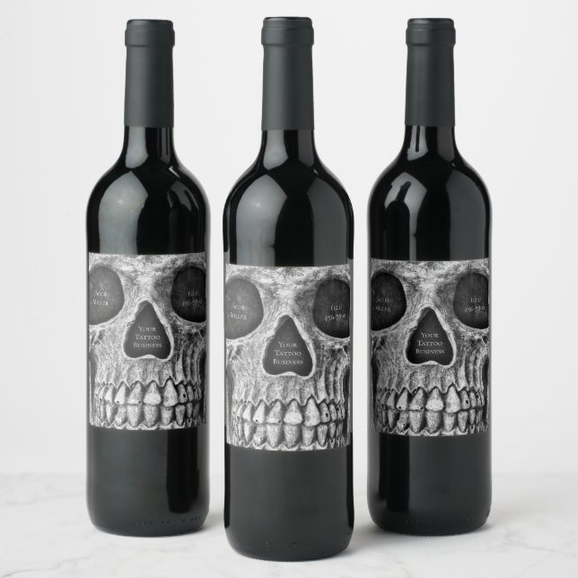 Gothic Skull Face Black And White Tattoo Shop Wine Label (Bottles)