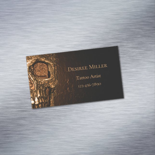 Gothic Skull Face Glowing Gold Black Tattoo Shop Magnetic Business Card (In Situ)
