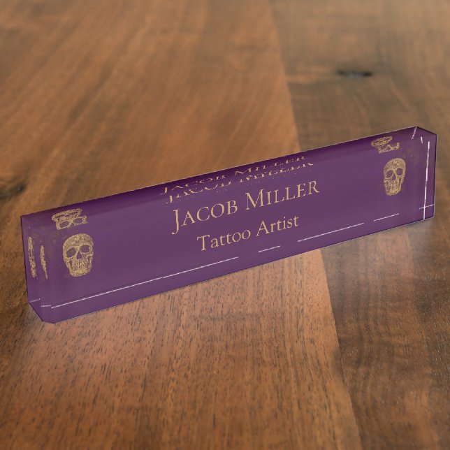 Gothic Skull Face Gold Purple Unique Tattoo Shop Nameplate (Side)