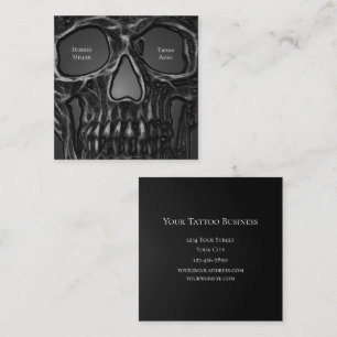 Gothic Skull Face Grey Metallic Cool Tattoo Shop Square Business Card