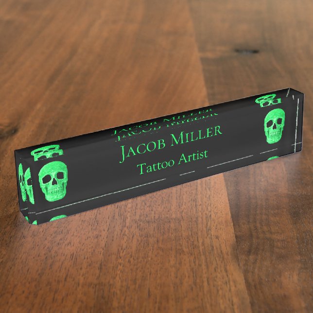 Gothic Skull Face Neon Green Black Tattoo Shop Nameplate (Side)