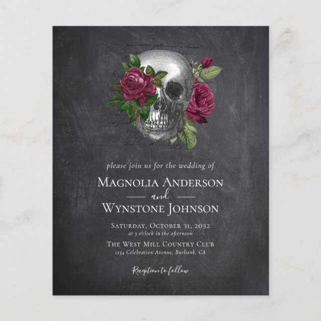 Gothic Skull Floral Black Halloween Wedding Invita (Front)