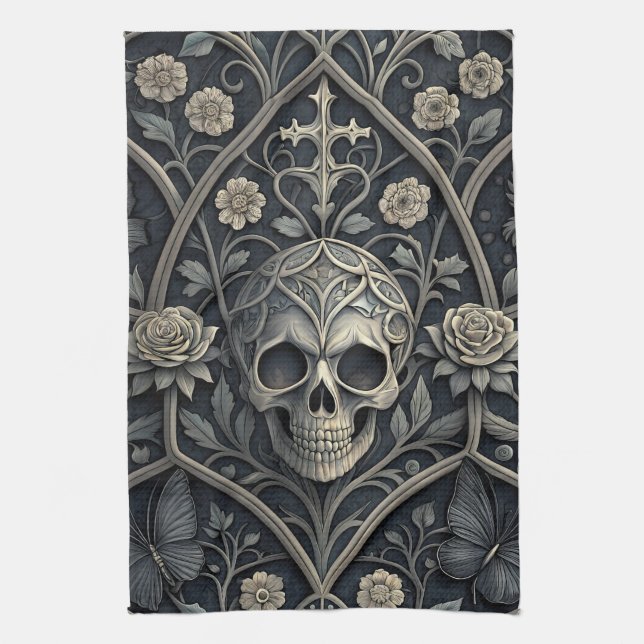 Gothic Skull Floral Celestial Pattern (2) Kitchen Towel (Vertical)