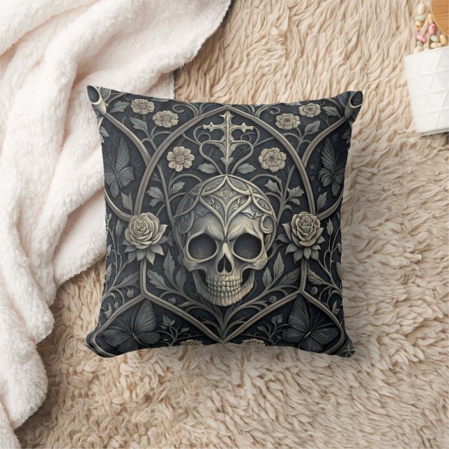 Gothic Skull Floral Celestial Pattern (2) Throw Pillow (Blanket)