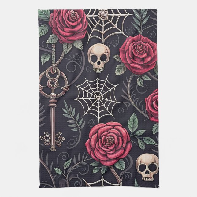 Gothic Skull Floral Celestial Pattern (4) Kitchen Towel (Vertical)